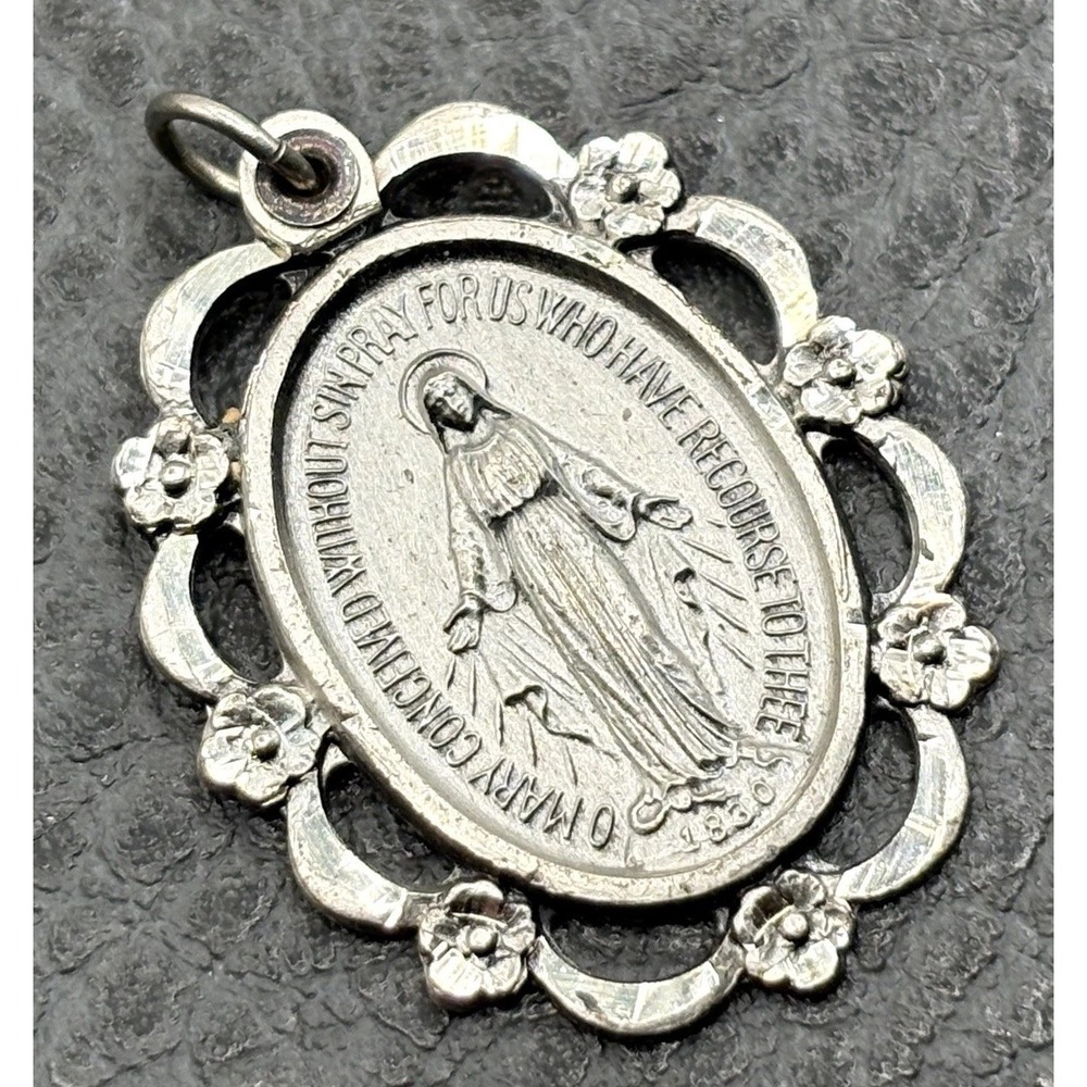 Vintage Sterling Silver 925 Miraculous Medal Mary Pendant Ornate Floral Frame